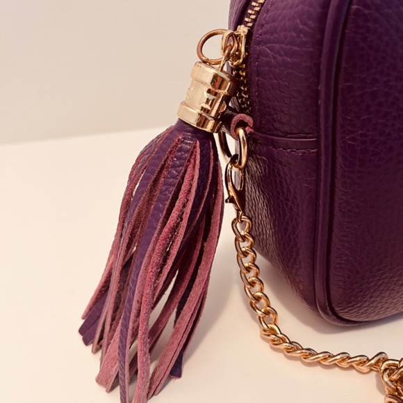 Borse In Pelle 🇮🇹 Violet Leather Chain Strap  Rectangle Tassel Crossbody Purse - Picture 3 of 10